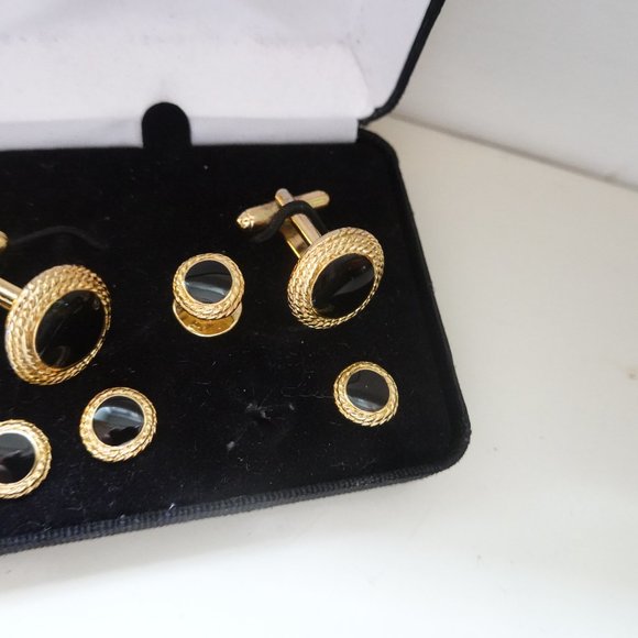 Black Onyx and Gold Tuxedo Cufflinks and Studs - Picture 2 of 2